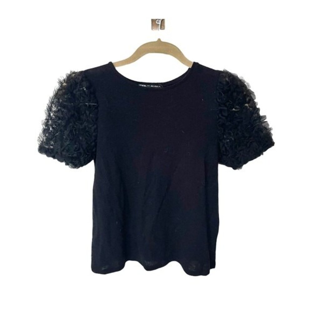 ZARA blouse black ruffle sleeve shirt sleeve top small